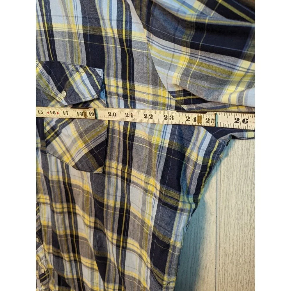 VTG Wrangler Shirt Mens XL Yellow Blue Plaid Western Pearl Snap Cowboy Rodeo